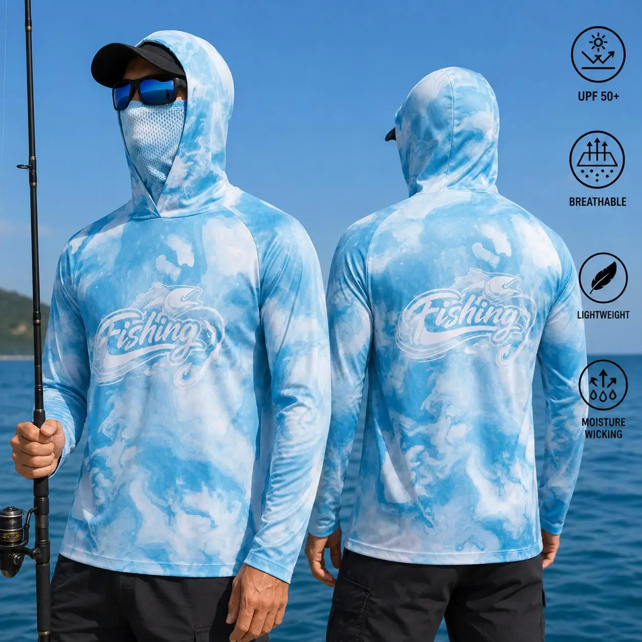 Mens Fishing Hooded Shirt UPF5 - Fishing Shirt Uv Protection 评论和价格