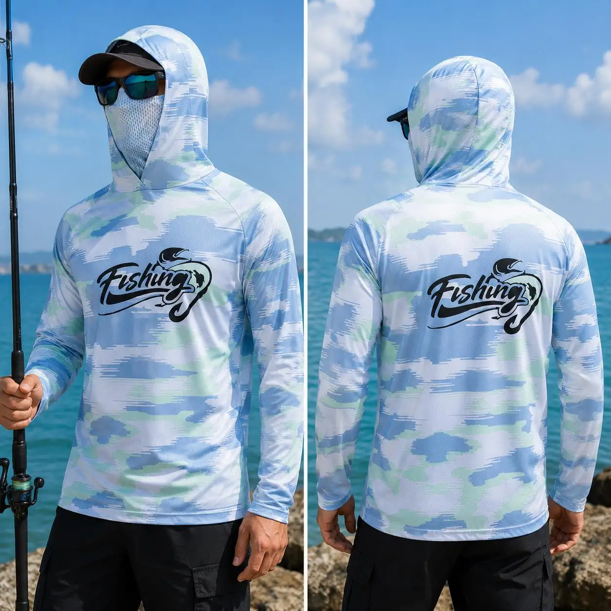Mens Fishing Hooded Shirt UPF5 - Fishing Shirt Uv Protection 评论和价格